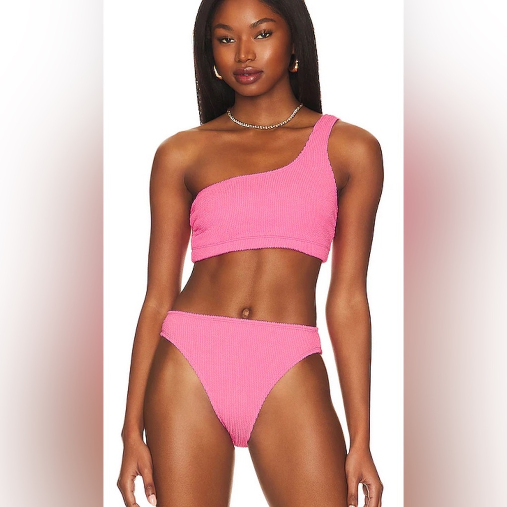 Good American Pink Always Fits Hot Shoulder Top 3 Piece Bikini Set Small Medium